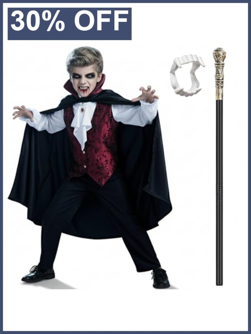 Kids Vampire Costume Gothic Shirt Vest Pants Cape Cane Teeth